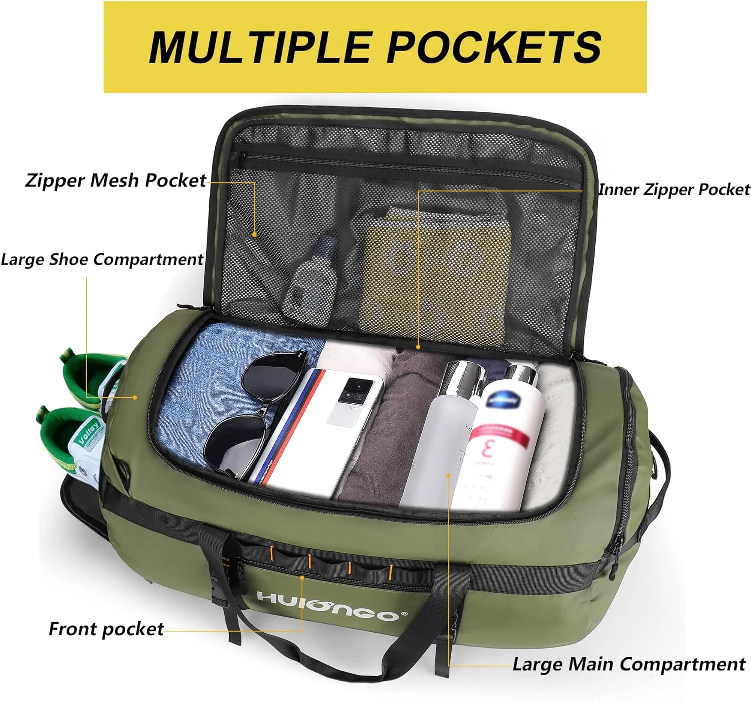 40L/60L/90L Large Waterproof Duffle Bag Backpack for Men, Mens Duffel Backpack Bags for Traveling, Heavy Duty (Green, 40L)
