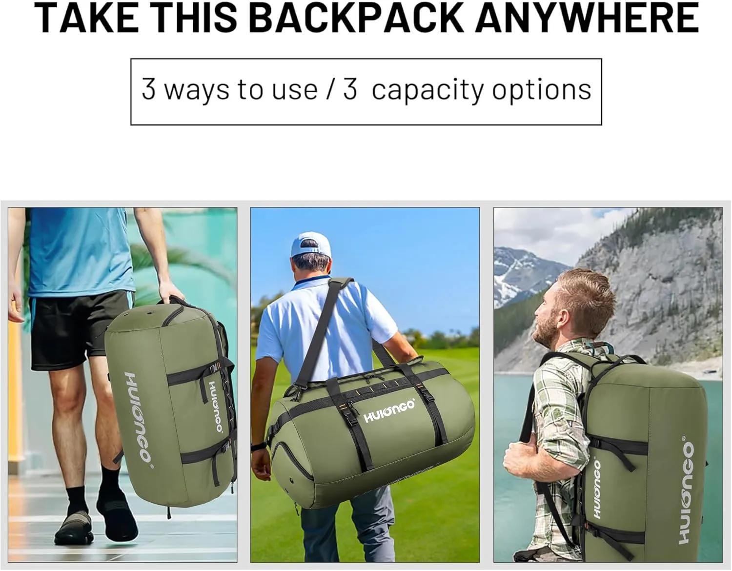 40L/60L/90L Large Waterproof Duffle Bag Backpack for Men, Mens Duffel Backpack Bags for Traveling, Heavy Duty (Green, 40L)