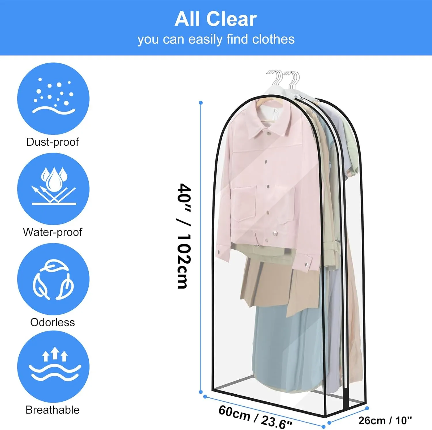 40" Clear Garment Bag - 3 Pack 10” Gusseted Suit Bags For Closet Storage Hanging Clothes Shirts, Coats, Dresses