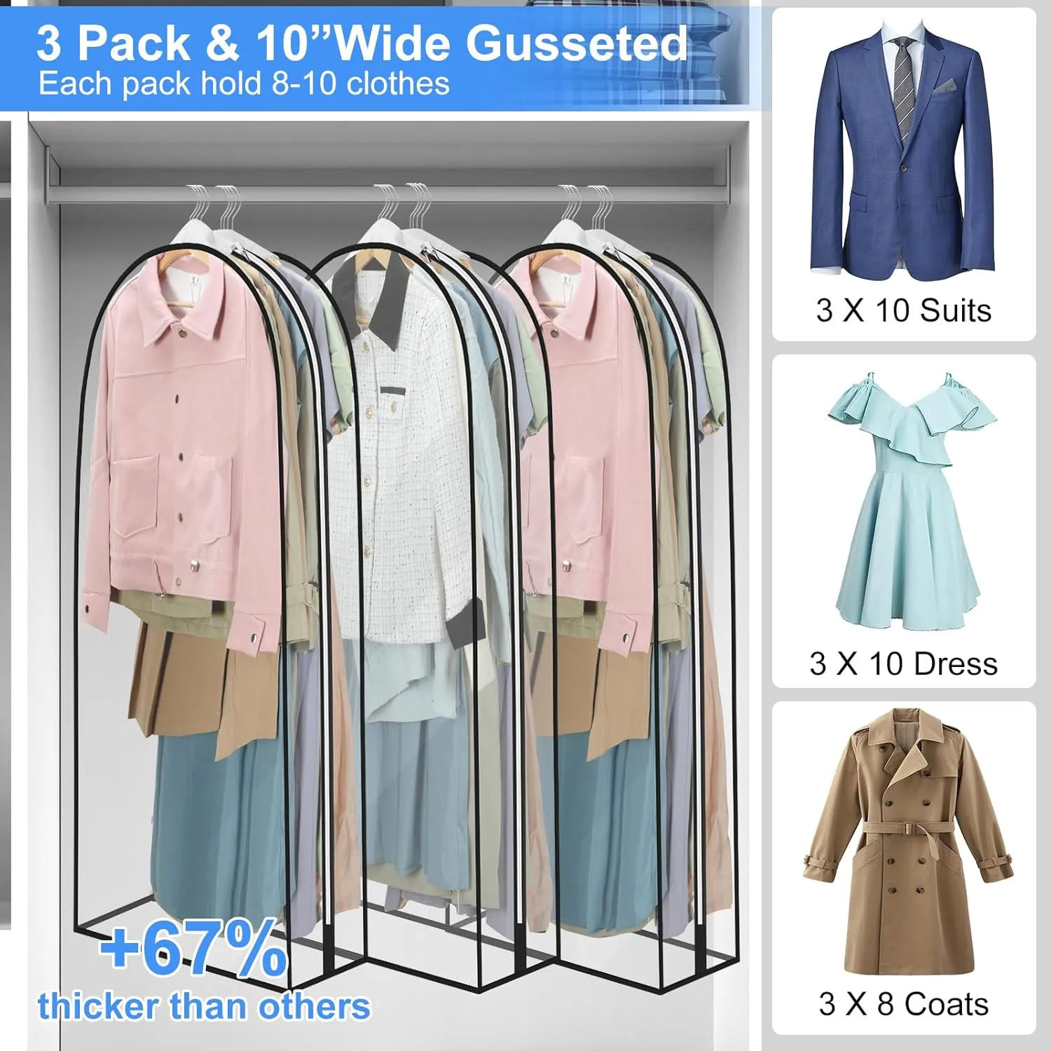 40" Clear Garment Bag - 3 Pack 10” Gusseted Suit Bags For Closet Storage Hanging Clothes Shirts, Coats, Dresses