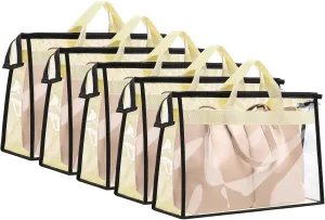 5 Pack Dust Bags for Handbag,Clear Dust Cover Bags with Zipper and Handle,Breathable Handbag Storage Organizer,Waterproof Handbags Protector for Closet,4 x 13.4 x 4.7 inch,Beige