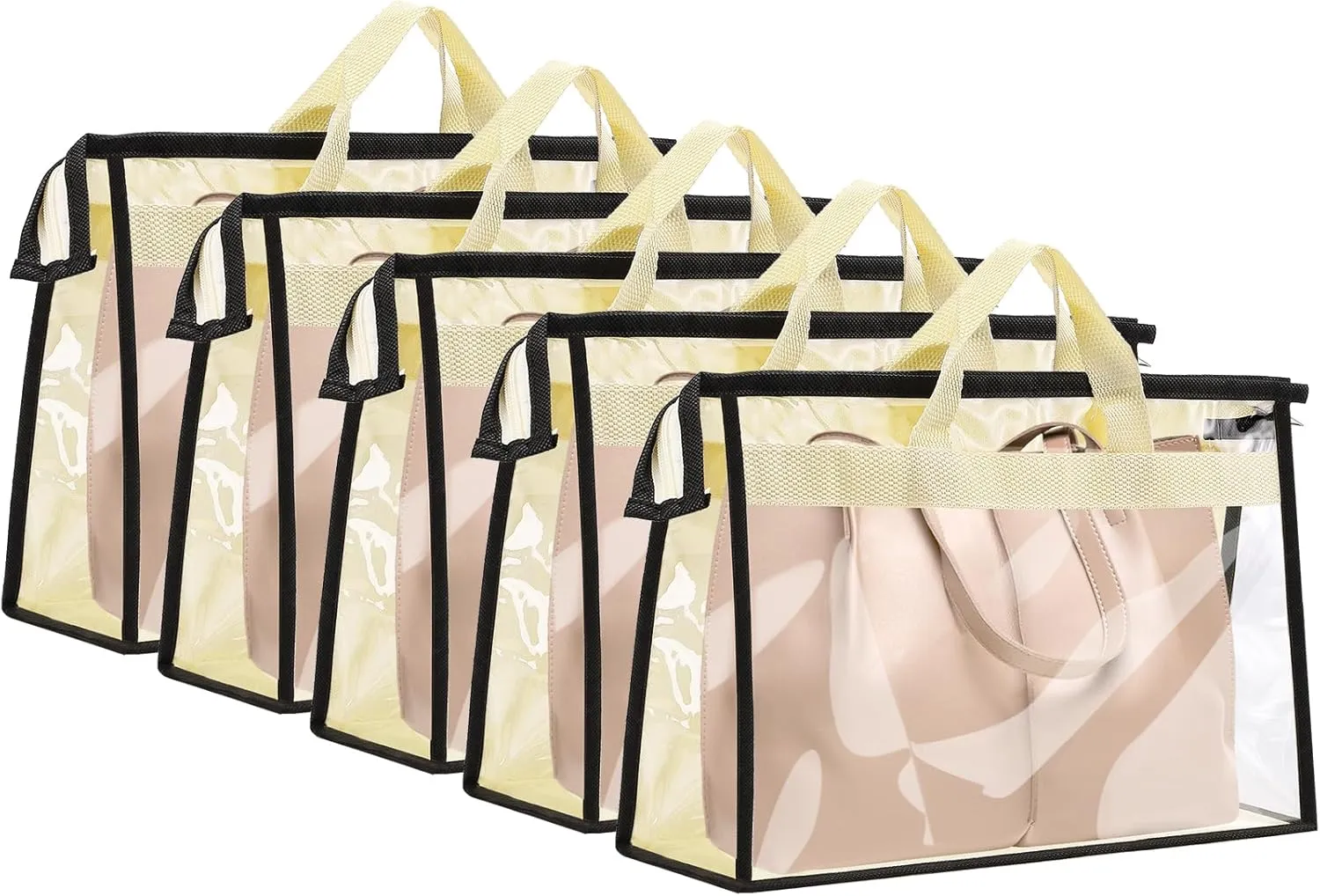 5 Pack Dust Bags for Handbag,Clear Dust Cover Bags with Zipper and Handle,Breathable Handbag Storage Organizer,Waterproof Handbags Protector for Closet,4 x 13.4 x 4.7 inch,Beige