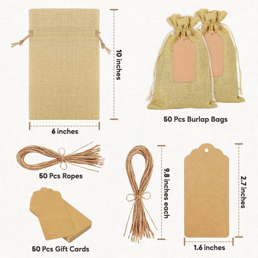 50 pcs Burlap Bags 6" x 10" with Jute Drawstring, Burlap Treat Bags for Gift Wedding Party Favors Jewelry Pouch, Christmas Birthday Presents, Snack Sacks and DIY Craft Arts Projects