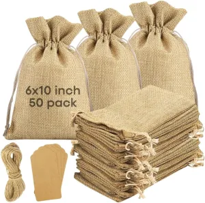 50 pcs Burlap Bags 6" x 10" with Jute Drawstring, Burlap Treat Bags for Gift Wedding Party Favors Jewelry Pouch, Christmas Birthday Presents, Snack Sacks and DIY Craft Arts Projects