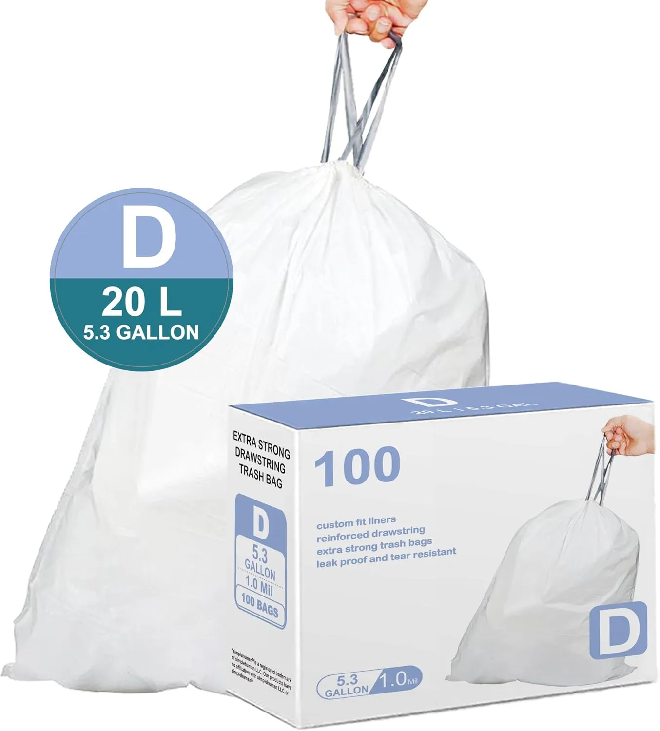 5.3 Gallon Code D 100 Count Drawstring Trash Bags Compatible with simplehuman Code D | 1.2 Mil Garbage Can Liners 5.3 Gallon / 20 Liter Heavy Duty White Drawstring Garbage Liners (Pack of 1)