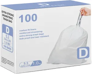 5.3 Gallon Code D 100 Count Drawstring Trash Bags Compatible with simplehuman Code D | 1.2 Mil Garbage Can Liners 5.3 Gallon / 20 Liter Heavy Duty White Drawstring Garbage Liners (Pack of 1)