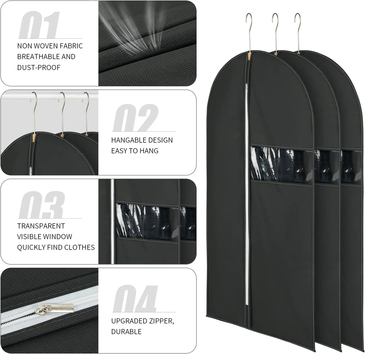 6PACK 24x40" Garment Bags for Storage Non-Woven Fabric Black Dress Bags for Hanging Clothes Suit bags for men travel Suit for Long Dresses,Suits,Coats,Sweater,Shirts