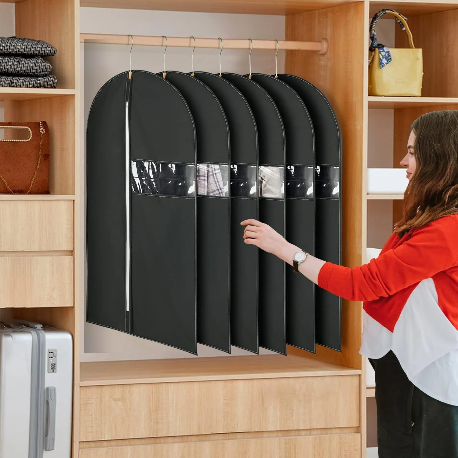 6PACK 24x40" Garment Bags for Storage Non-Woven Fabric Black Dress Bags for Hanging Clothes Suit bags for men travel Suit for Long Dresses,Suits,Coats,Sweater,Shirts