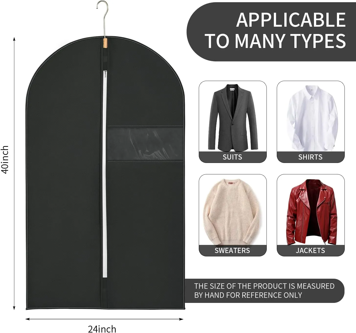 6PACK 24x40" Garment Bags for Storage Non-Woven Fabric Black Dress Bags for Hanging Clothes Suit bags for men travel Suit for Long Dresses,Suits,Coats,Sweater,Shirts