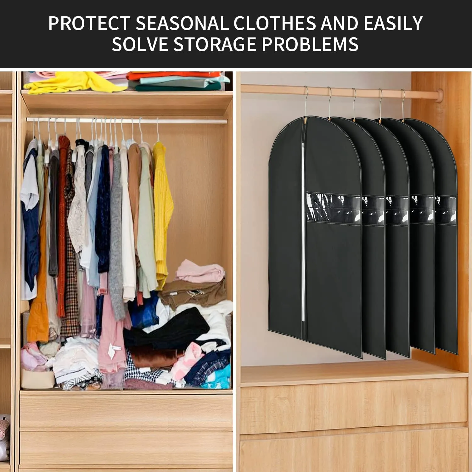 6PACK 24x40" Garment Bags for Storage Non-Woven Fabric Black Dress Bags for Hanging Clothes Suit bags for men travel Suit for Long Dresses,Suits,Coats,Sweater,Shirts