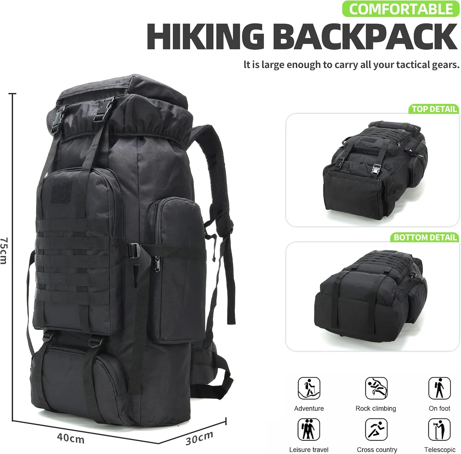 70L Hiking Backpack Military Tactical Camping Adjustable waterproof Climbing Sport Bags