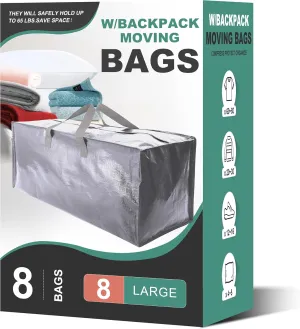 8 Pack Heavy Duty Moving Bags, Extra Large Storage Totes W/Backpack Straps Strong Handles & Zippers, Alternative to Moving Boxes, Moving Supplies for Dorm Room Essentials, Silver