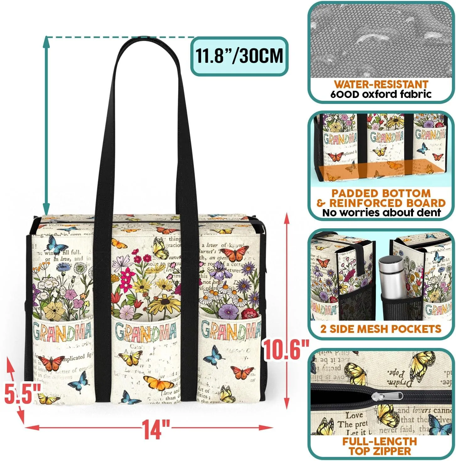 84hoods Multi-Pocket Tote Bag for Women. Gift for Grandma. Waterproof Bag with Multiple Convenient Pockets and Zipper.