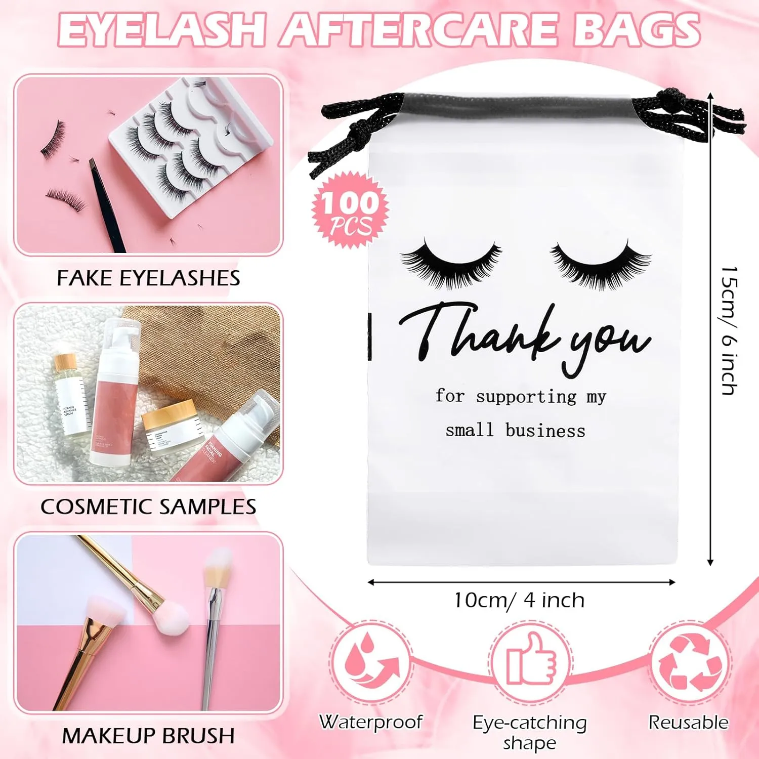 Abbylike 100 Pcs Eyelash Aftercare Lash Bags for Clients Eye Lash Print Drawstring Makeup Bag Empty Beauty Gift Cosmetic Sample Pouch for Women Small Business Supplies, 4 x 6 in(White)