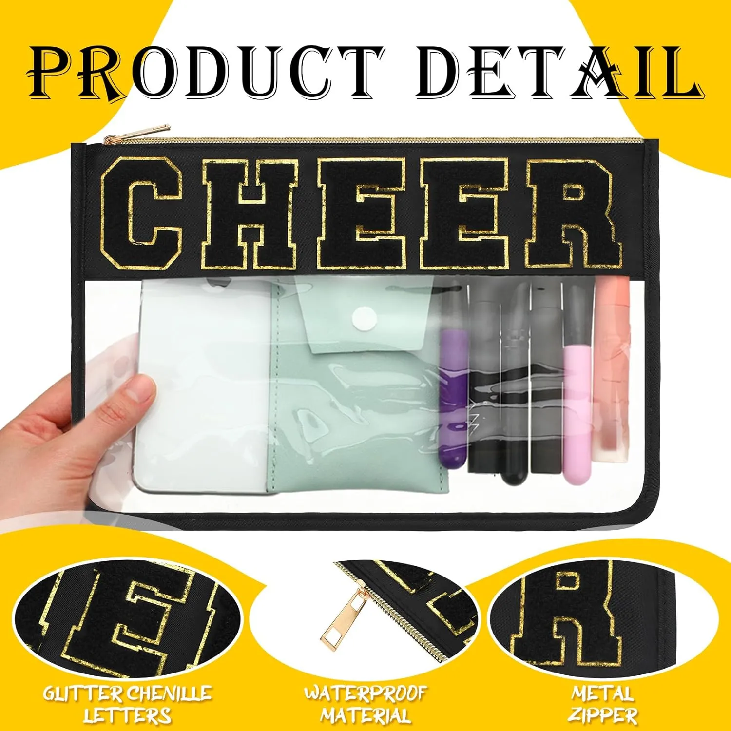 Abbylike 4 Pcs Cheer Makeup Bag Cheerleader Clear Letter Chenille Patch Bag Nylon Makeup Toiletry Pouch with Zipper for Cheerleading Team Women Gifts(Black,Cheer)