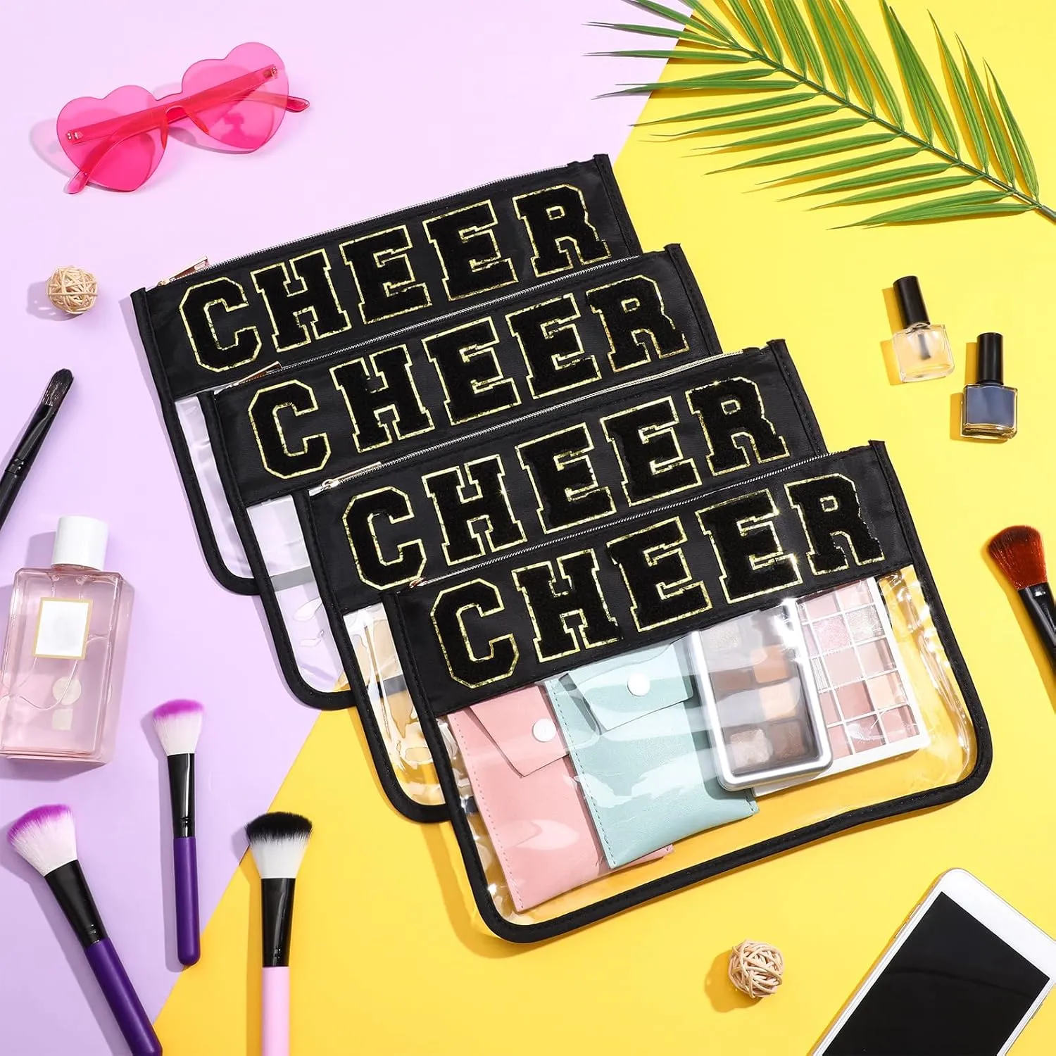 Abbylike 4 Pcs Cheer Makeup Bag Cheerleader Clear Letter Chenille Patch Bag Nylon Makeup Toiletry Pouch with Zipper for Cheerleading Team Women Gifts(Black,Cheer)