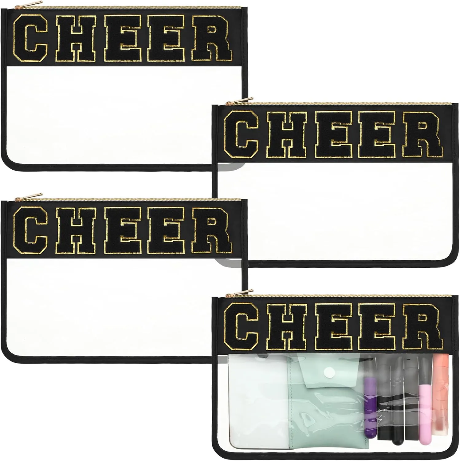 Abbylike 4 Pcs Cheer Makeup Bag Cheerleader Clear Letter Chenille Patch Bag Nylon Makeup Toiletry Pouch with Zipper for Cheerleading Team Women Gifts(Black,Cheer)
