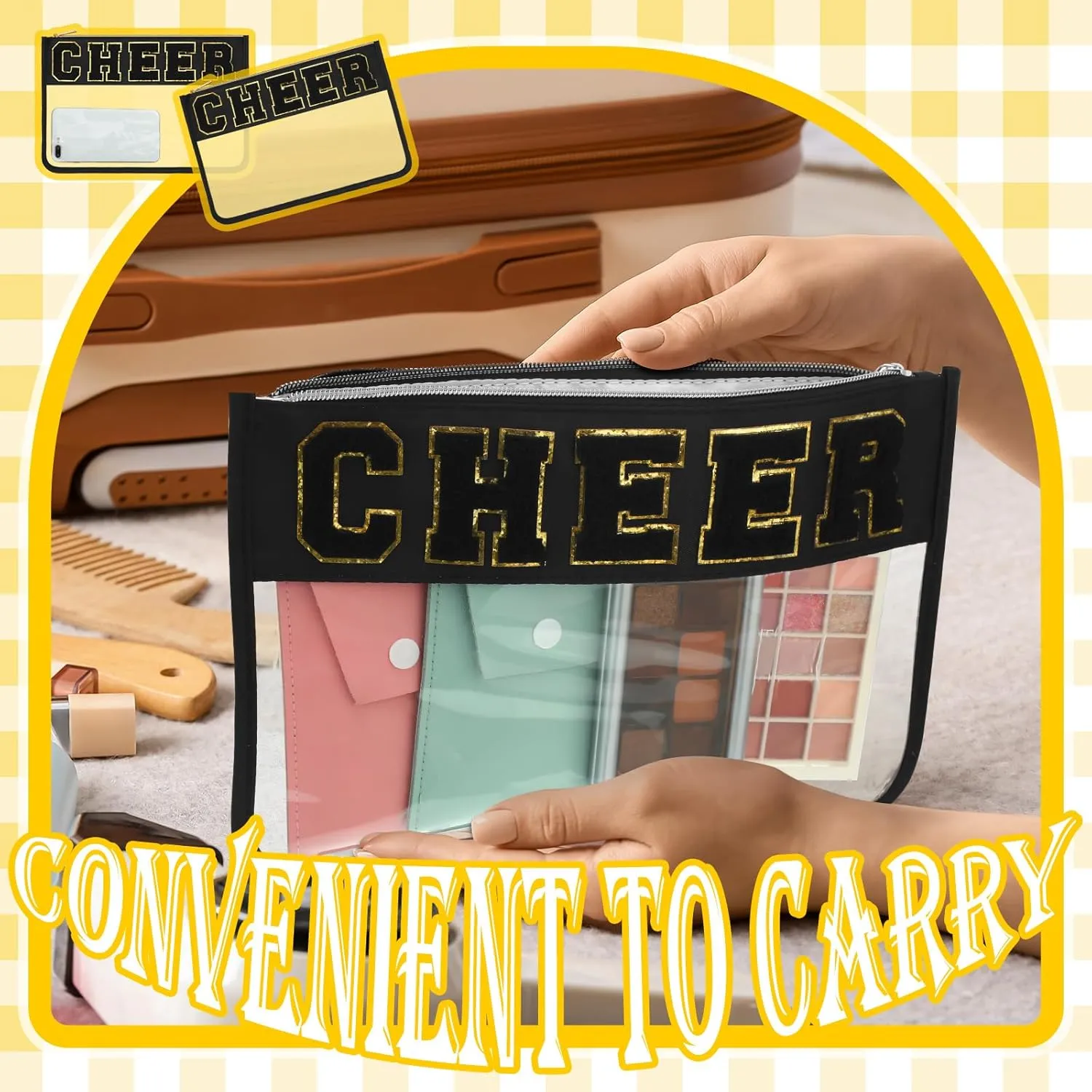 Abbylike 4 Pcs Cheer Makeup Bag Cheerleader Clear Letter Chenille Patch Bag Nylon Makeup Toiletry Pouch with Zipper for Cheerleading Team Women Gifts(Black,Cheer)