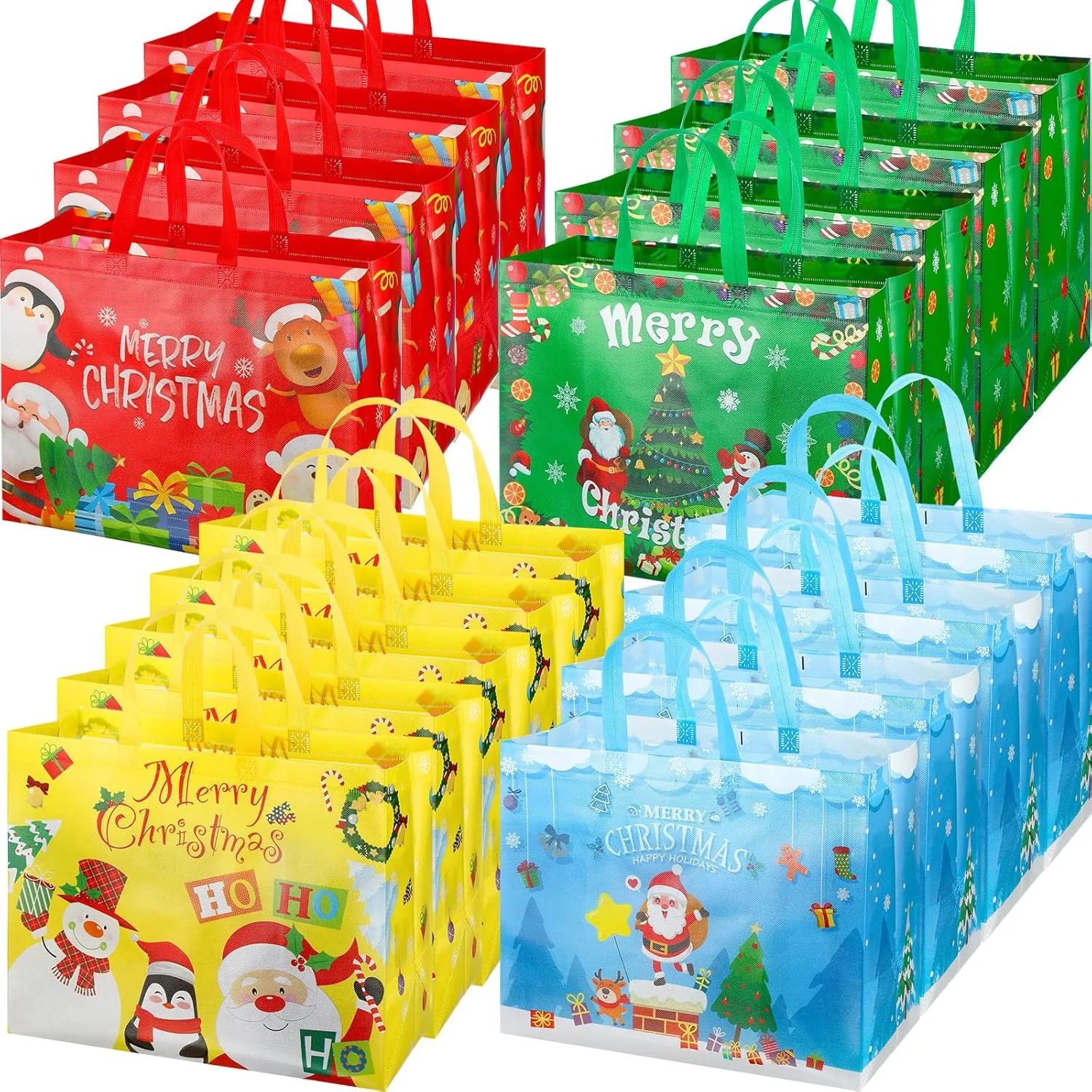 Abbylike 48 Pcs Large Christmas Gift Bags Bulk, 15.16 x 12.2 x 7.87 mas Tote with Handles Reusable Holiday Treat Non Woven for Wrapping Shopping, Xmas Party Supplies, 4 Styles
