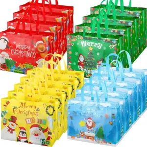 Abbylike 48 Pcs Large Christmas Gift Bags Bulk, 15.16 x 12.2 x 7.87 mas Tote with Handles Reusable Holiday Treat Non Woven for Wrapping Shopping, Xmas Party Supplies, 4 Styles