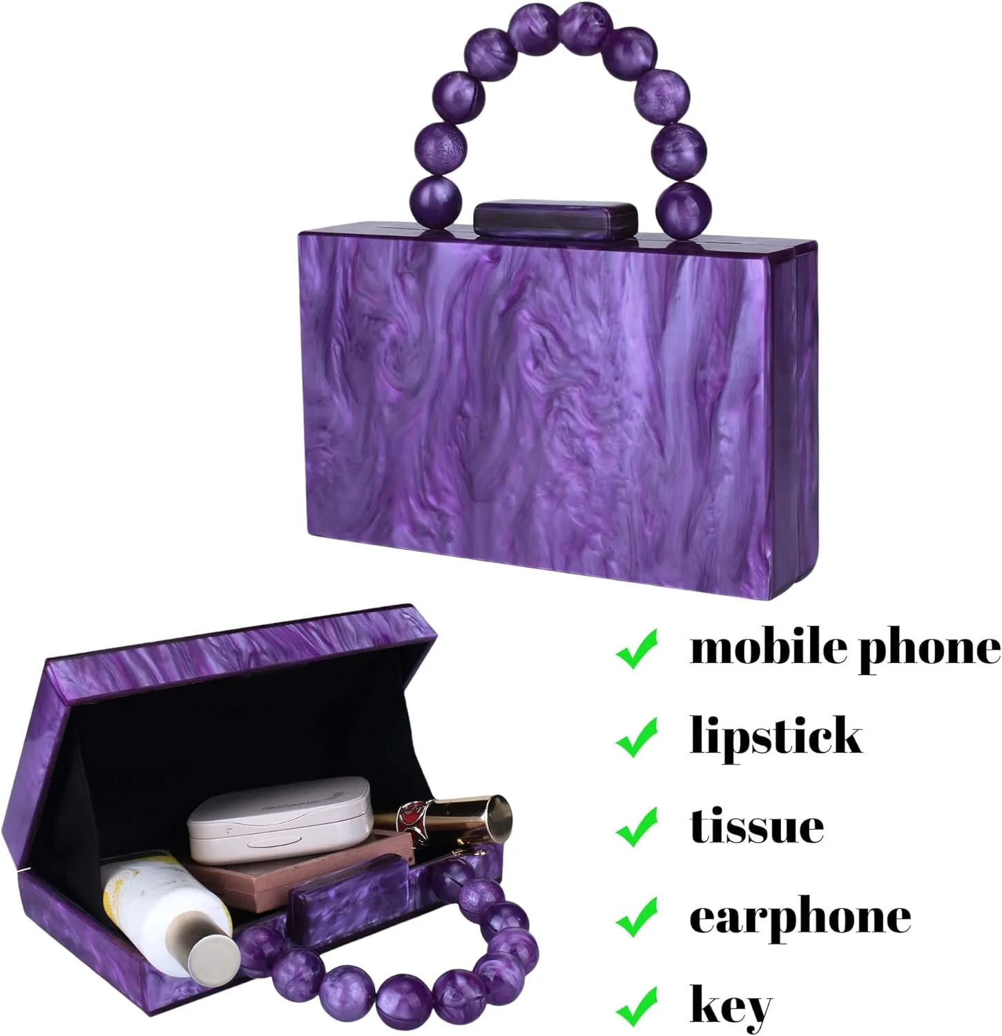 Acrylic Purses Evening Clutch Bag Marbling Handbags for Women Cross Body Bag with Pearl Chain Formal Wedding Prom Party