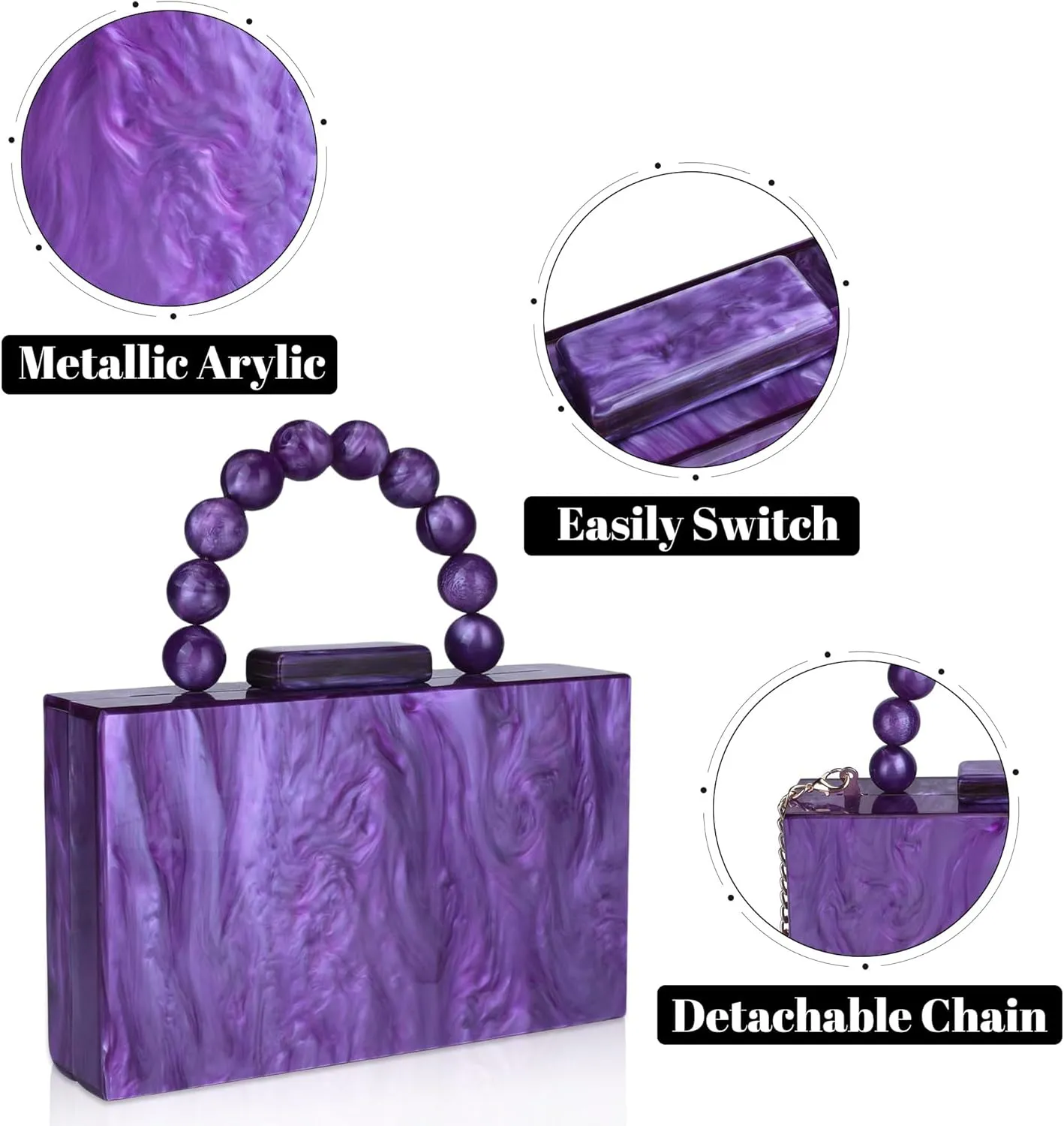 Acrylic Purses Evening Clutch Bag Marbling Handbags for Women Cross Body Bag with Pearl Chain Formal Wedding Prom Party
