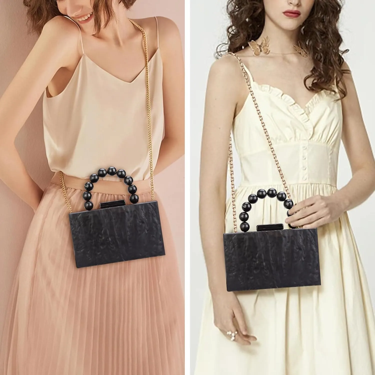 Acrylic Purses Evening Clutch Bag Marbling Handbags for Women Cross Body Bag with Pearl Chain Formal Wedding Prom Party