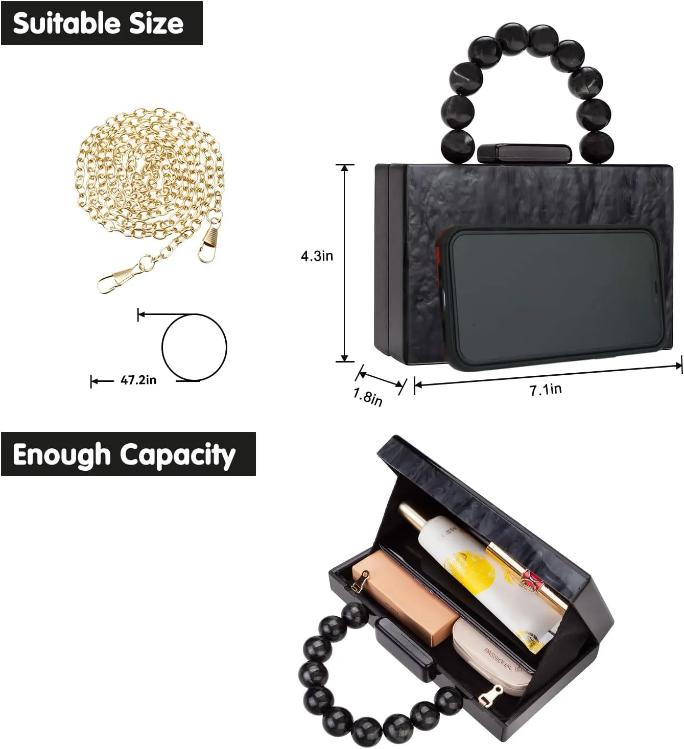Acrylic Purses Evening Clutch Bag Marbling Handbags for Women Cross Body Bag with Pearl Chain Formal Wedding Prom Party