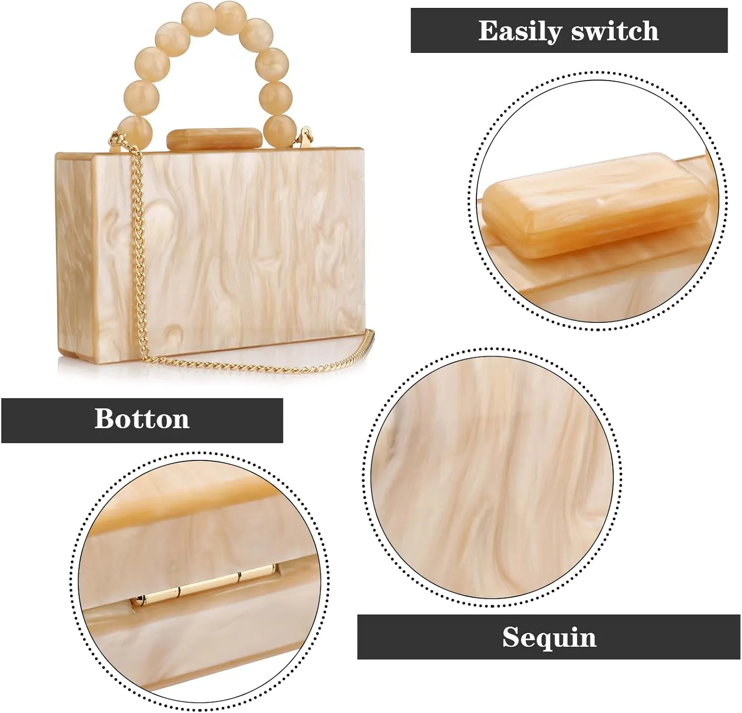 Acrylic Purses Evening Clutch Bag Marbling Handbags for Women Cross Body Bag with Pearl Chain Formal Wedding Prom Party