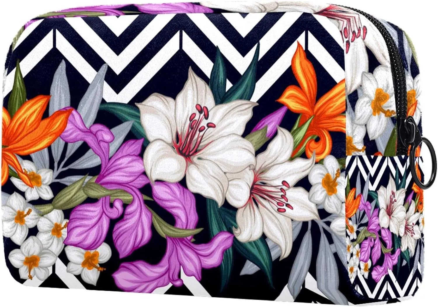 Aesthetic Flowers Lily Black Stripes Small Makeup Bag for Purse, Portable Cosmetic Bag Zipper Makeup Pouch for Women, Stationery, Toiletries, Travel Accessories