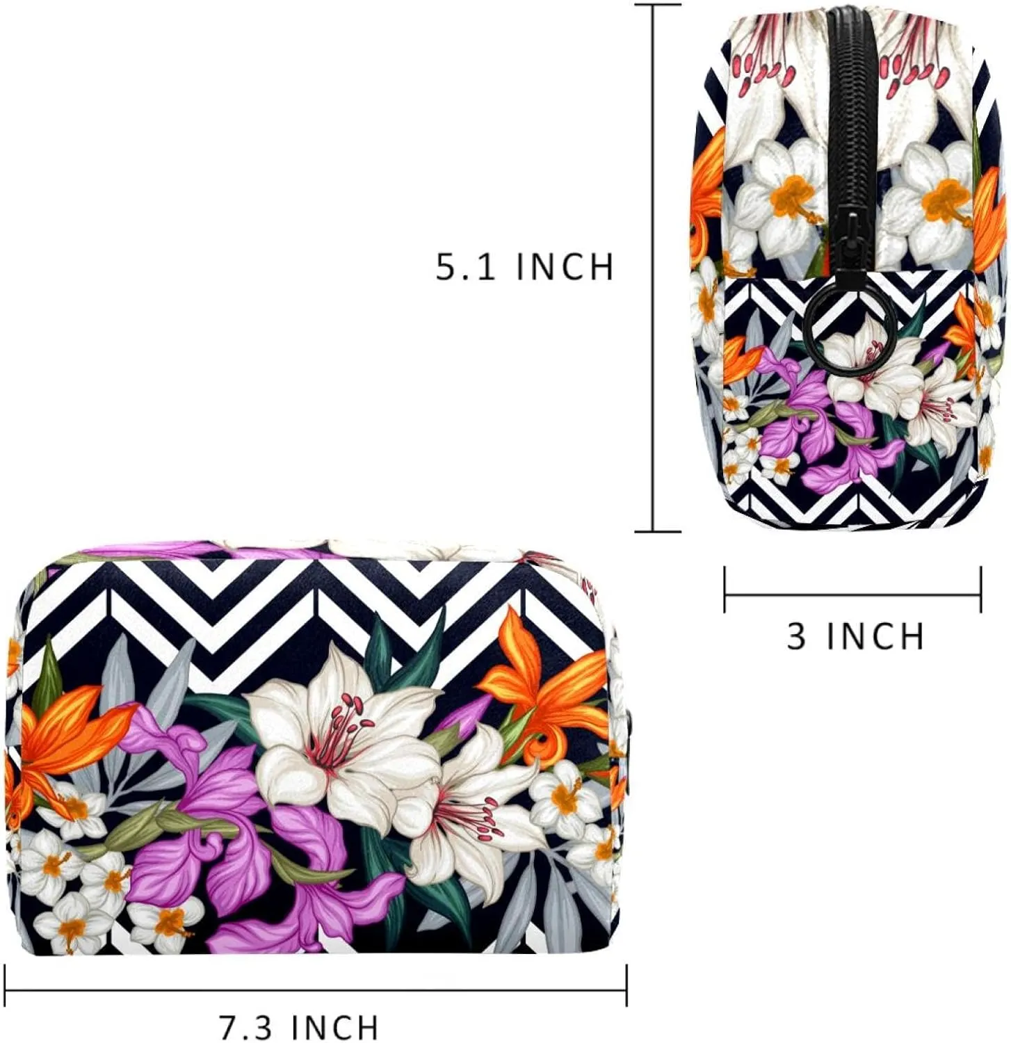Aesthetic Flowers Lily Black Stripes Small Makeup Bag for Purse, Portable Cosmetic Bag Zipper Makeup Pouch for Women, Stationery, Toiletries, Travel Accessories