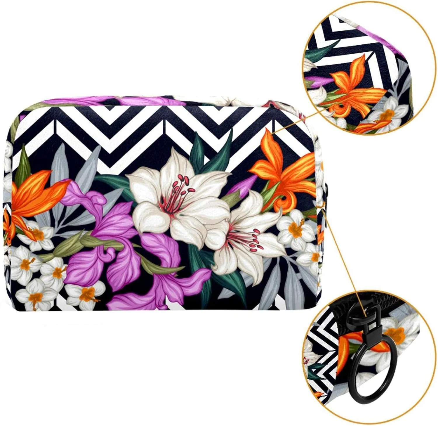 Aesthetic Flowers Lily Black Stripes Small Makeup Bag for Purse, Portable Cosmetic Bag Zipper Makeup Pouch for Women, Stationery, Toiletries, Travel Accessories