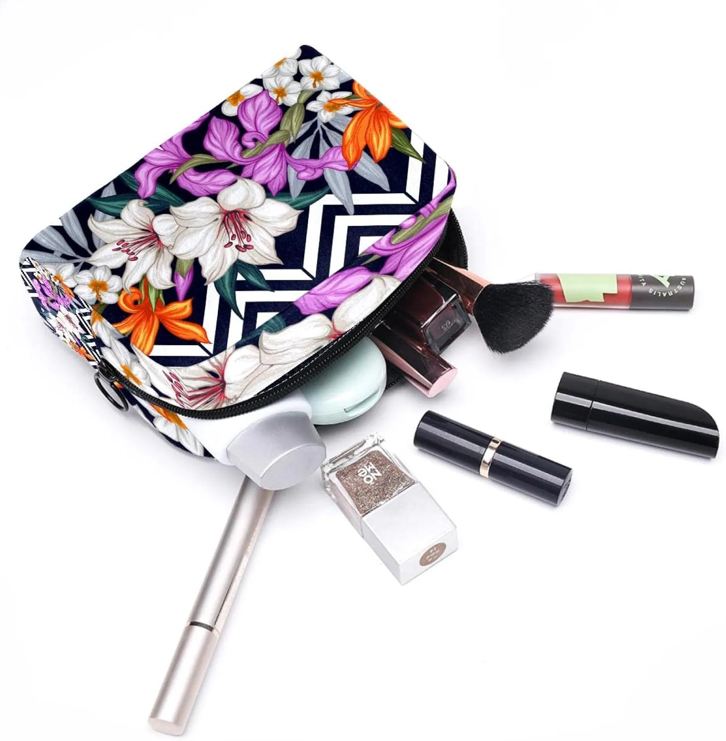 Aesthetic Flowers Lily Black Stripes Small Makeup Bag for Purse, Portable Cosmetic Bag Zipper Makeup Pouch for Women, Stationery, Toiletries, Travel Accessories