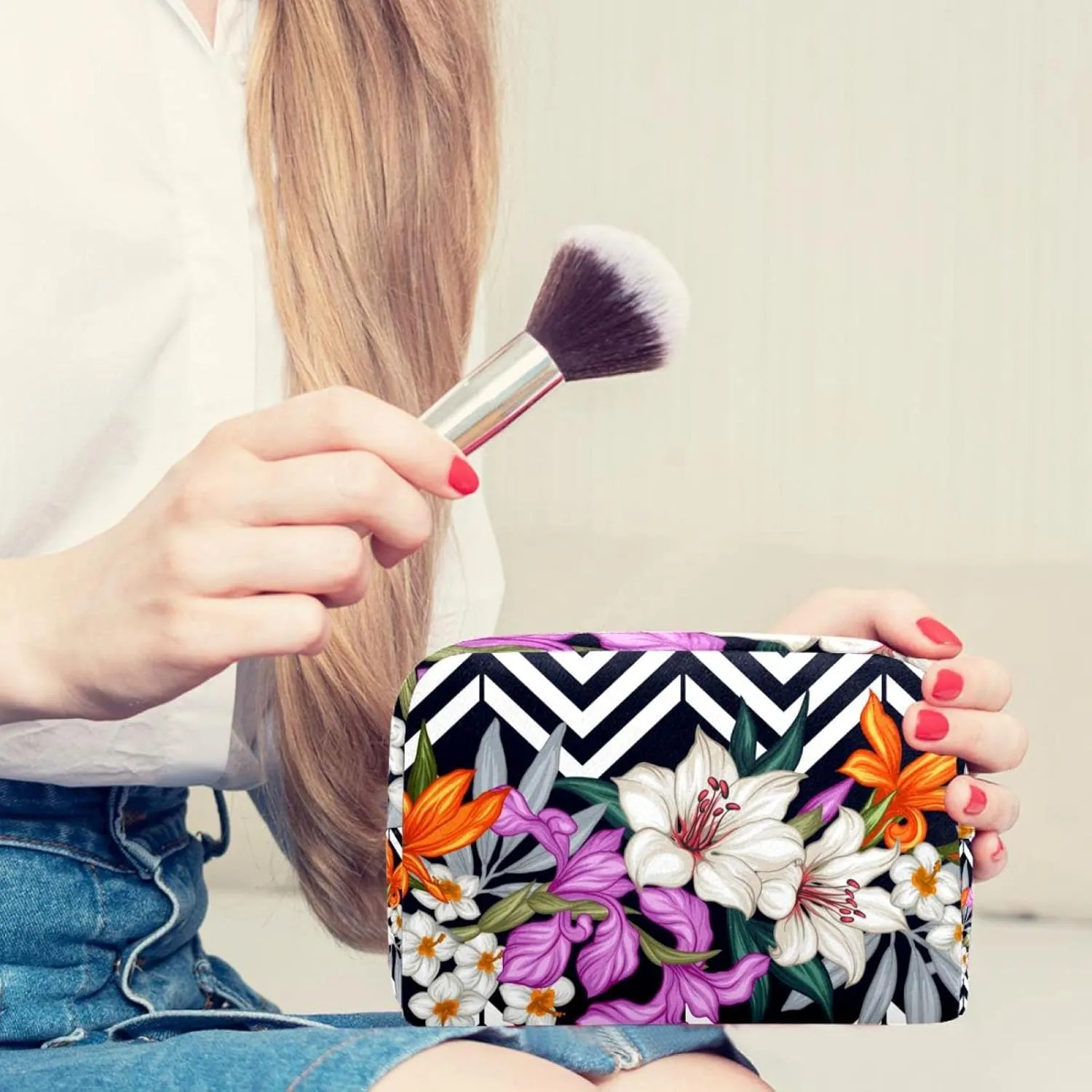 Aesthetic Flowers Lily Black Stripes Small Makeup Bag for Purse, Portable Cosmetic Bag Zipper Makeup Pouch for Women, Stationery, Toiletries, Travel Accessories