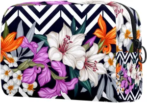 Aesthetic Flowers Lily Black Stripes Small Makeup Bag for Purse, Portable Cosmetic Bag Zipper Makeup Pouch for Women, Stationery, Toiletries, Travel Accessories