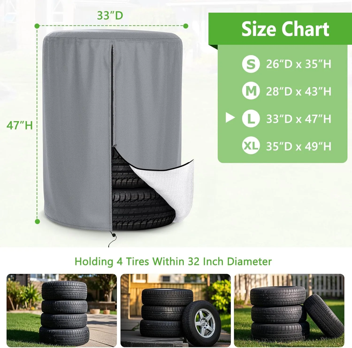 AKEfit Tire Cover, Heavy Duty Waterproof and Dustproof Tire Storage Bag for Jeep Trailer RV SUV Truck Tires with Zipper (Grey,Holding 4 Tires Within 32 Inch Diameter)
