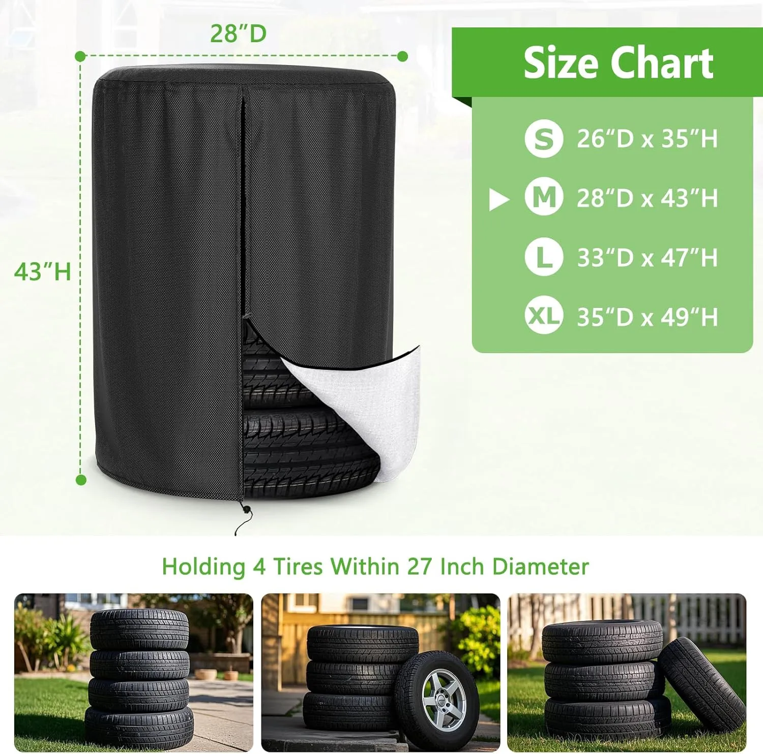 AKEfit Tire Cover, Heavy Duty Waterproof and Dustproof Tire Storage Bag for Trailer RV SUV Truck Tires with Zipper (Black,Holding 4 Tires Within 27 Inch Diameter)