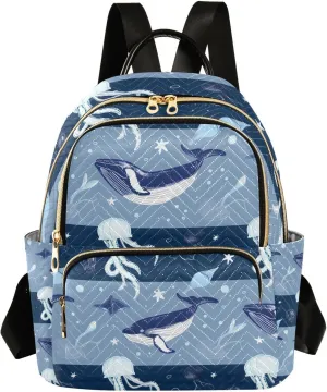 ALAZA Small Backpack Purse Jellyfish Striped Blue Ocean Map Quilted Backpack for Women Teen Girls Fashion Daypack Ladies Bookbag Travel Work Daily Rucksack