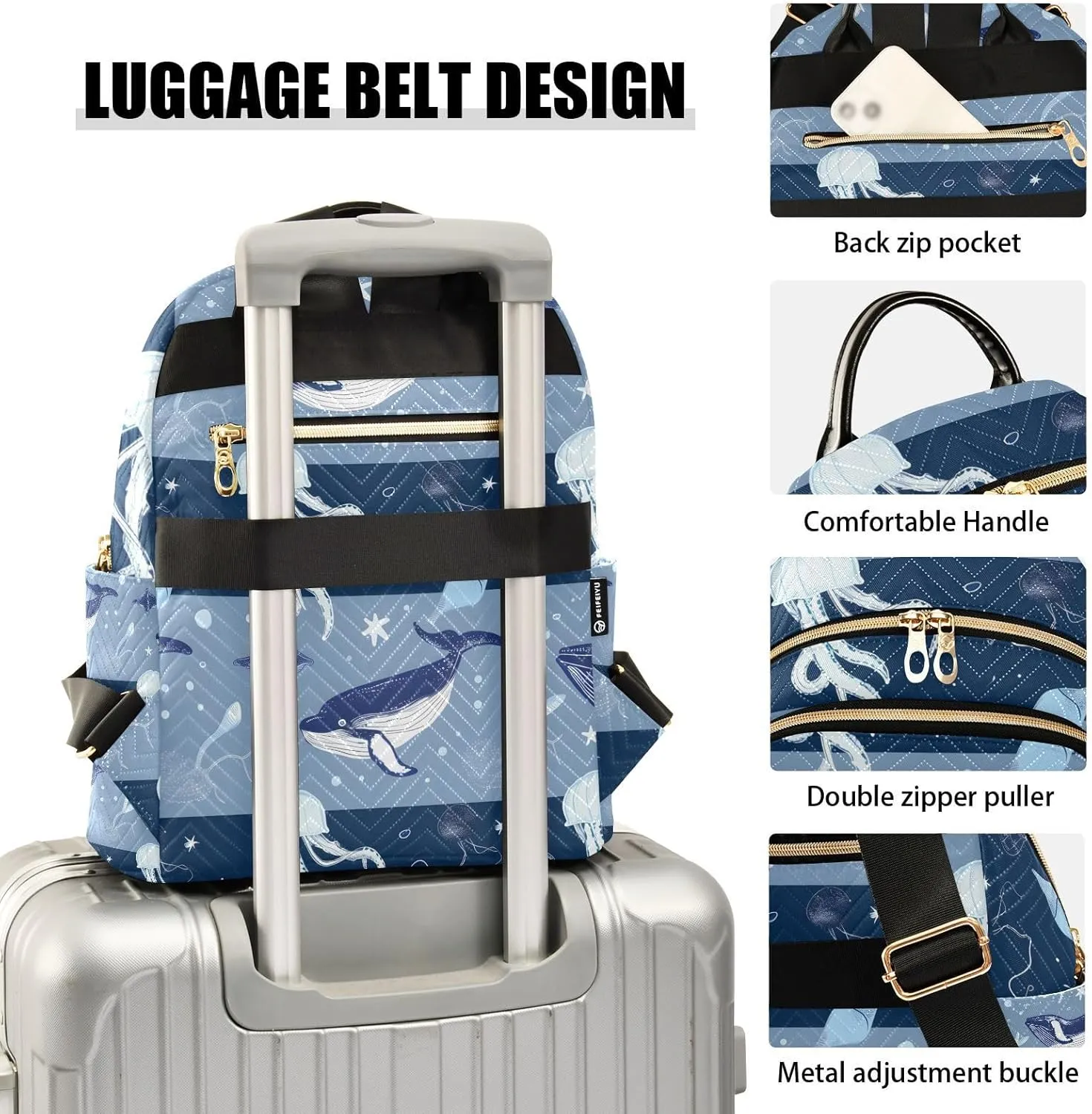 ALAZA Small Backpack Purse Jellyfish Striped Blue Ocean Map Quilted Backpack for Women Teen Girls Fashion Daypack Ladies Bookbag Travel Work Daily Rucksack