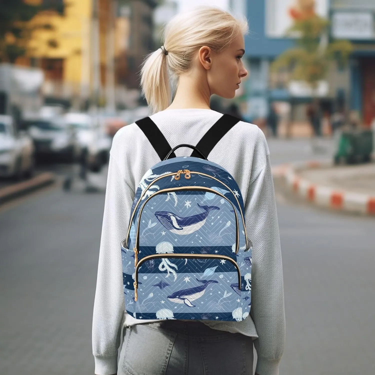 ALAZA Small Backpack Purse Jellyfish Striped Blue Ocean Map Quilted Backpack for Women Teen Girls Fashion Daypack Ladies Bookbag Travel Work Daily Rucksack
