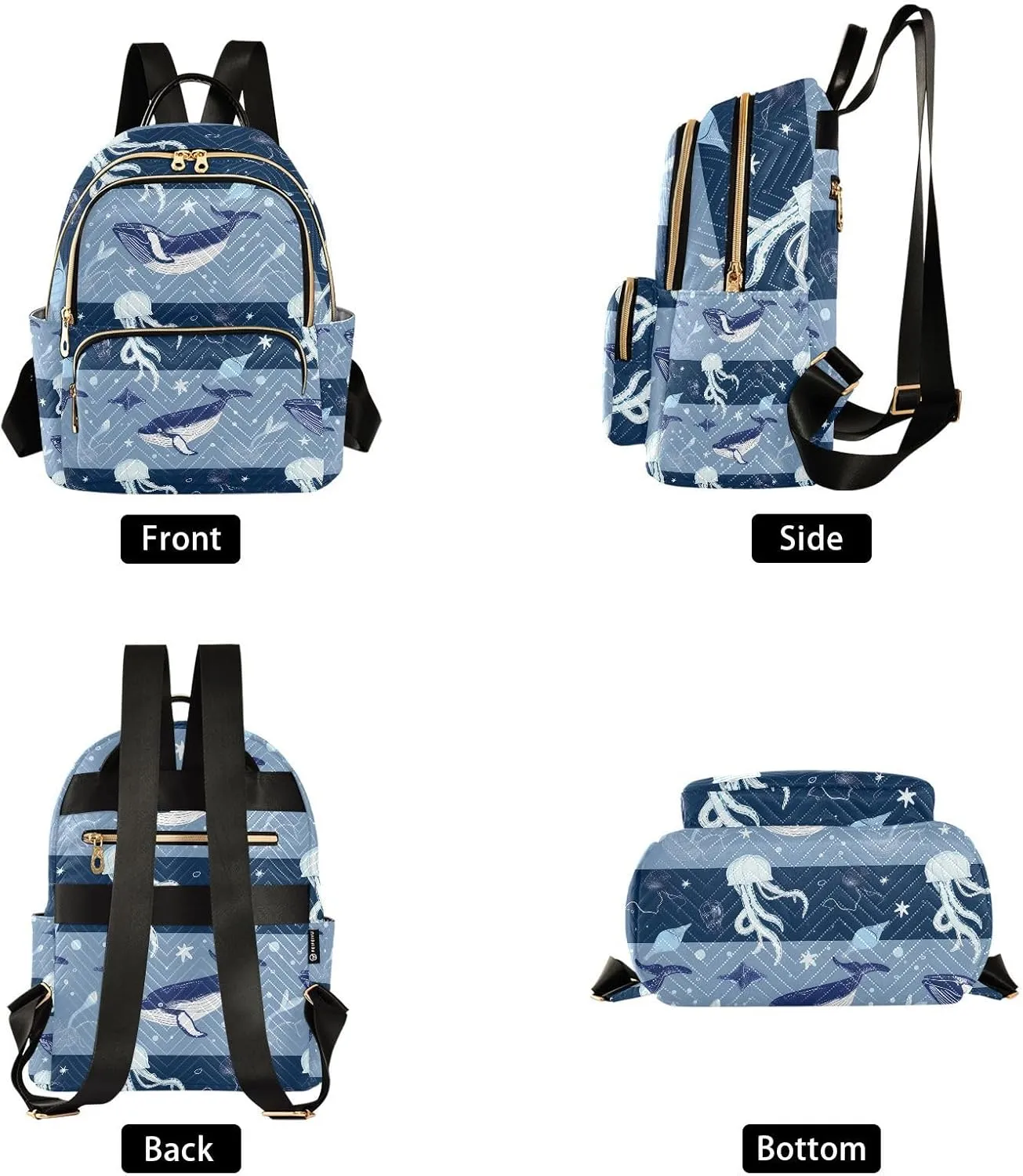 ALAZA Small Backpack Purse Jellyfish Striped Blue Ocean Map Quilted Backpack for Women Teen Girls Fashion Daypack Ladies Bookbag Travel Work Daily Rucksack