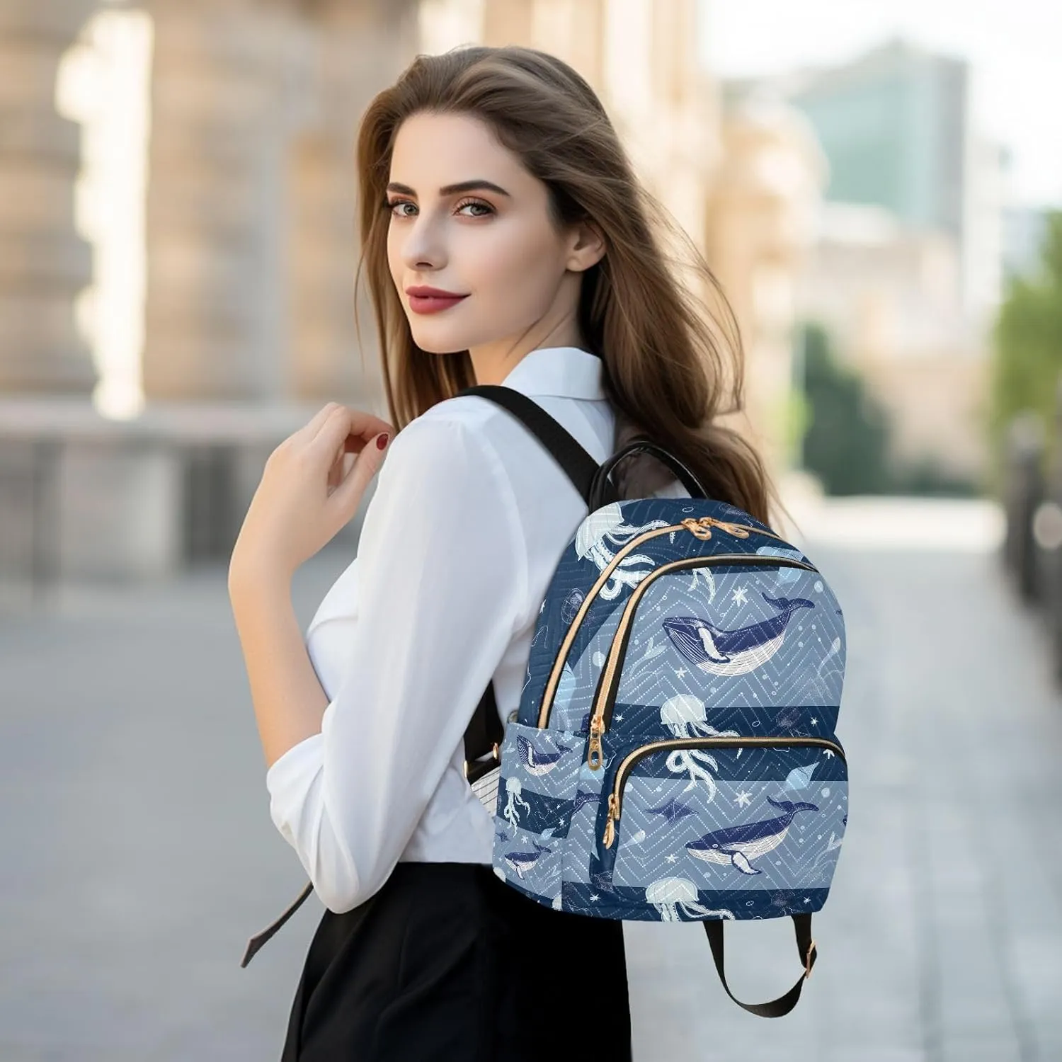 ALAZA Small Backpack Purse Jellyfish Striped Blue Ocean Map Quilted Backpack for Women Teen Girls Fashion Daypack Ladies Bookbag Travel Work Daily Rucksack