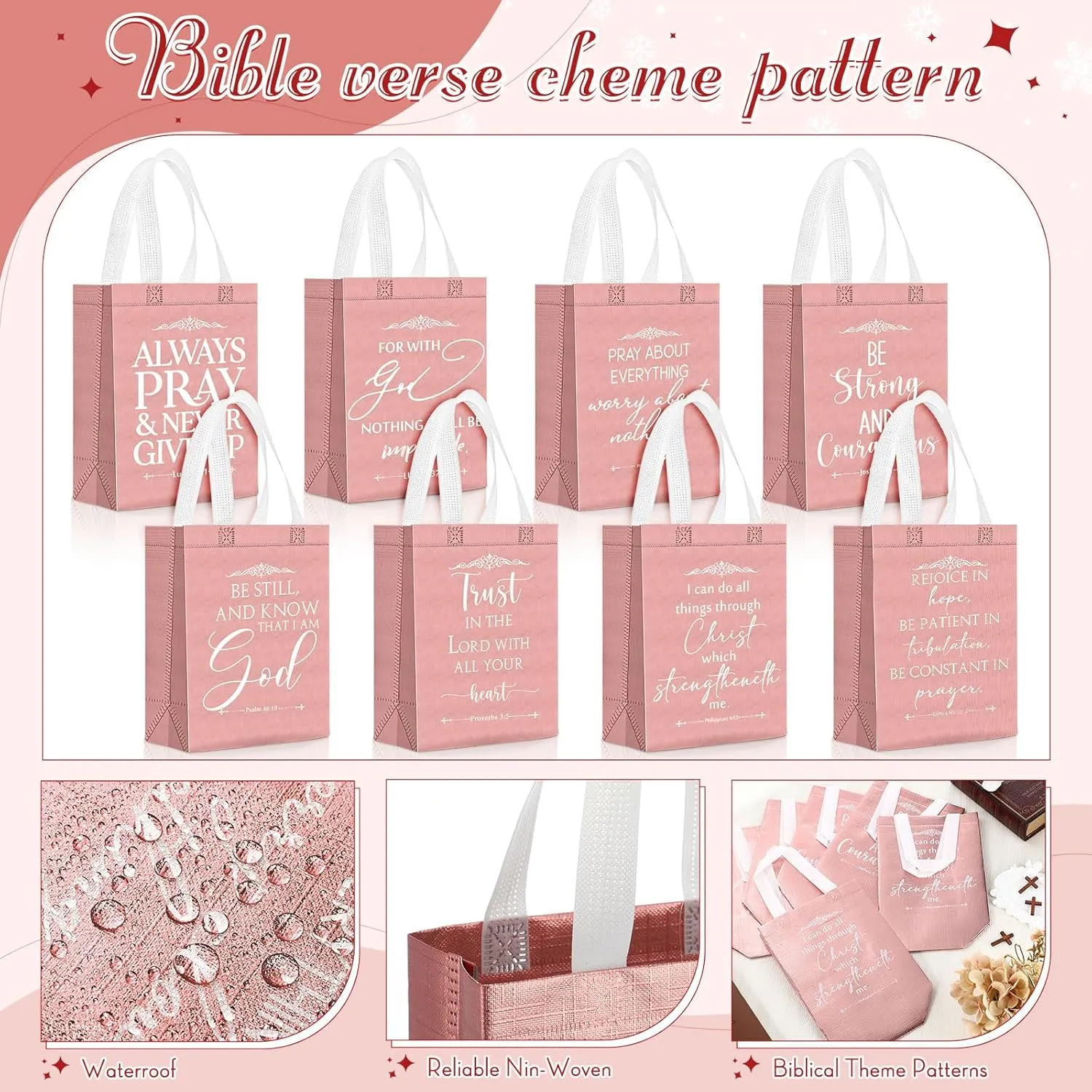 Aliceset 24 Pcs Reusable Christian Gift Bags Bulk with Handle Medium Size Bible Verse Religious Gift Bags for Fathers Day Welcome Church Visitors Baptism Wedding Party Favors(Rose Gold White)