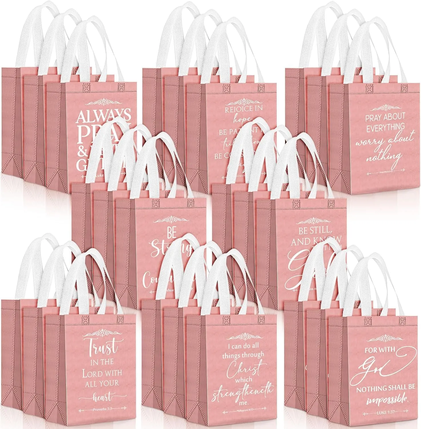 Aliceset 24 Pcs Reusable Christian Gift Bags Bulk with Handle Medium Size Bible Verse Religious Gift Bags for Fathers Day Welcome Church Visitors Baptism Wedding Party Favors(Rose Gold White)
