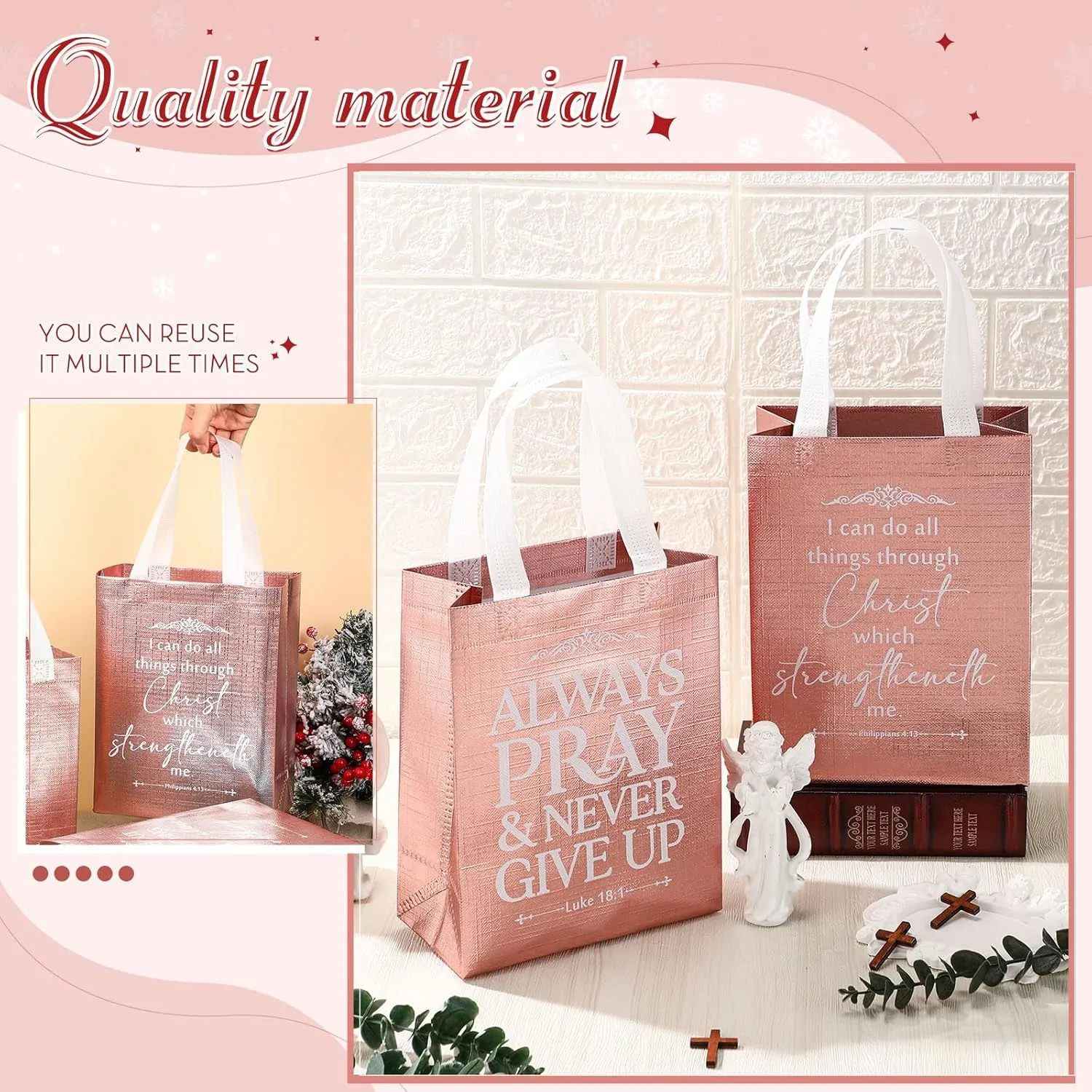 Aliceset 24 Pcs Reusable Christian Gift Bags Bulk with Handle Medium Size Bible Verse Religious Gift Bags for Fathers Day Welcome Church Visitors Baptism Wedding Party Favors(Rose Gold White)