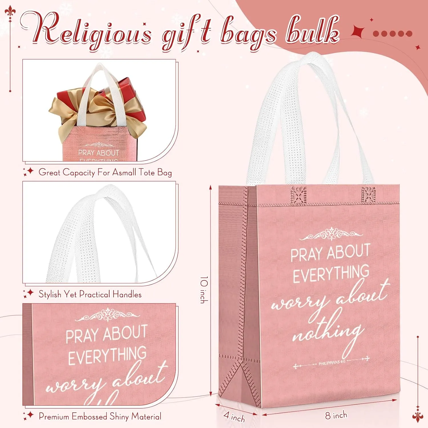 Aliceset 24 Pcs Reusable Christian Gift Bags Bulk with Handle Medium Size Bible Verse Religious Gift Bags for Fathers Day Welcome Church Visitors Baptism Wedding Party Favors(Rose Gold White)