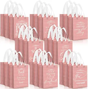 Aliceset 24 Pcs Reusable Christian Gift Bags Bulk with Handle Medium Size Bible Verse Religious Gift Bags for Fathers Day Welcome Church Visitors Baptism Wedding Party Favors(Rose Gold White)
