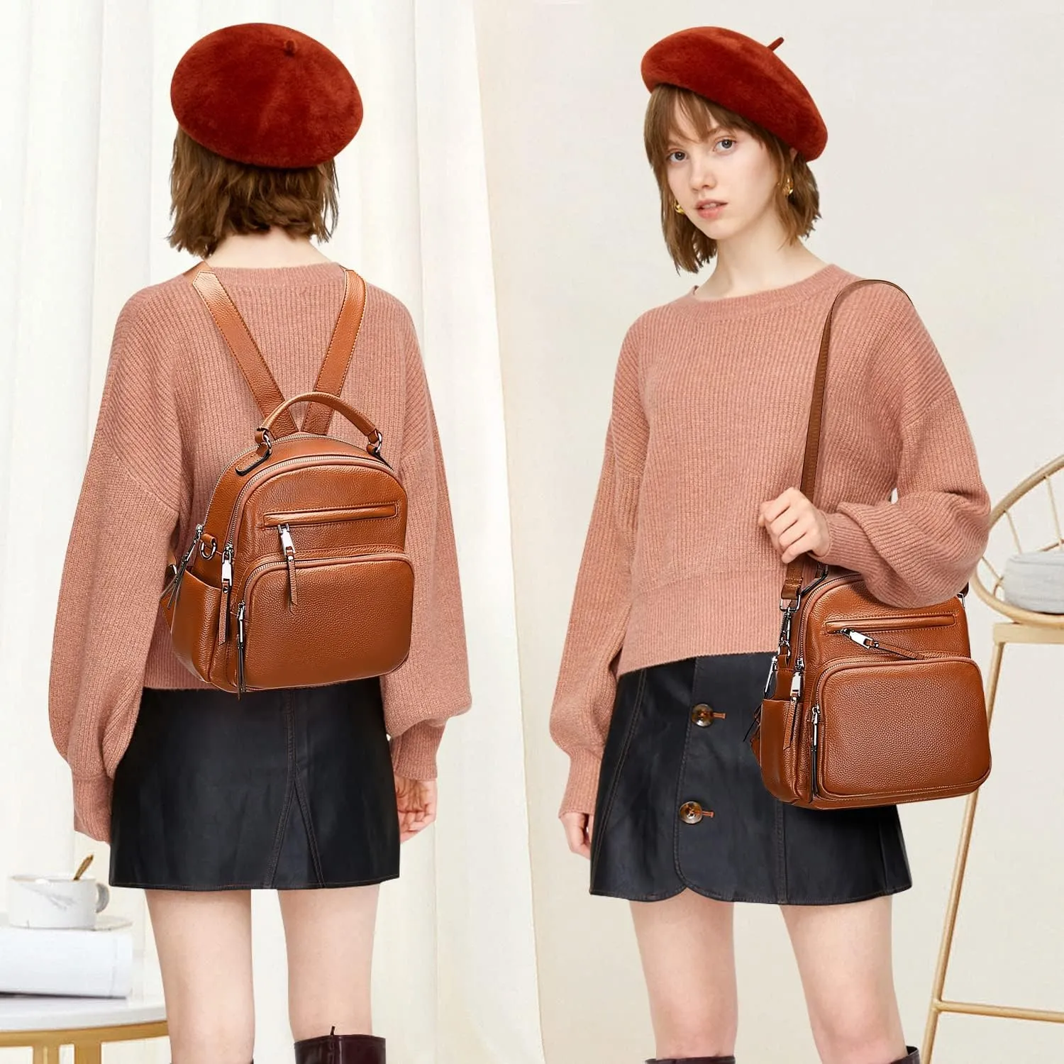 ALTOSY Genuine Leather Backpack for Women Small Convertible Backpack Purse Ladies Shoulder Bag 4 in 1 to Carry