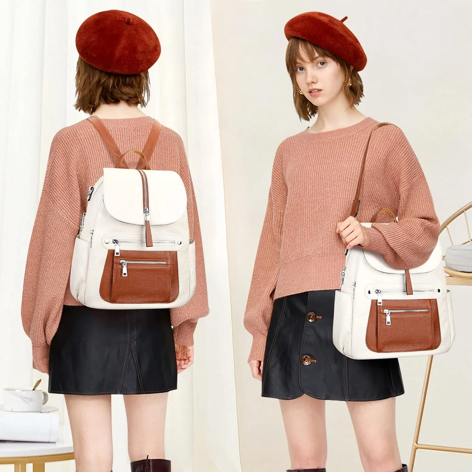 ALTOSY Leather Backpack Purse for Women Fashion Casual Handbag with Multi Pockets and Flap