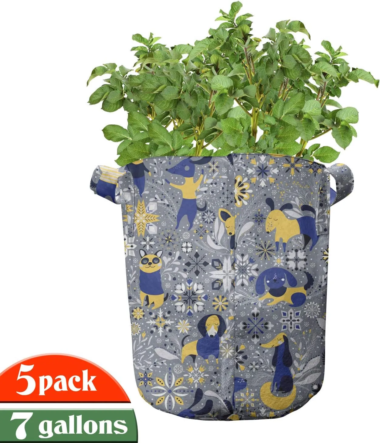 Ambesonne Dog Lover Grow Bags 5-Pack, Chaotic Various Puppies, Heavyduty Fabric Pots with Handles for Plants, 7 Gallon, Multicolor